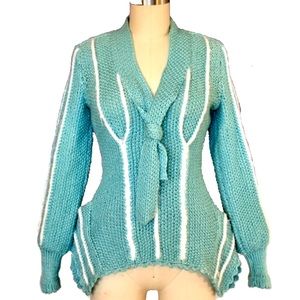New Custom Design professionally Hand knitted wool blend crochet sweater XS teal